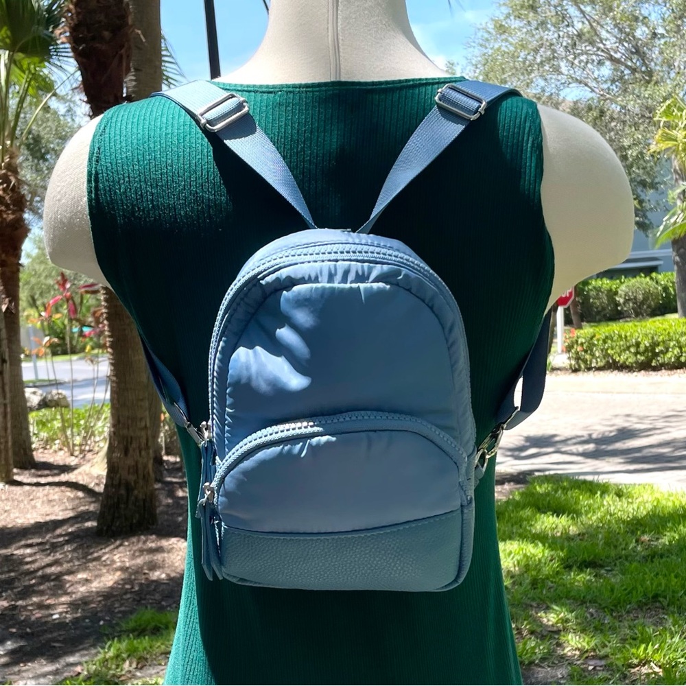 Blue Padded Mini Nylon Backpack Faux Pebbled Leather Purse Rucksack Bag Tote